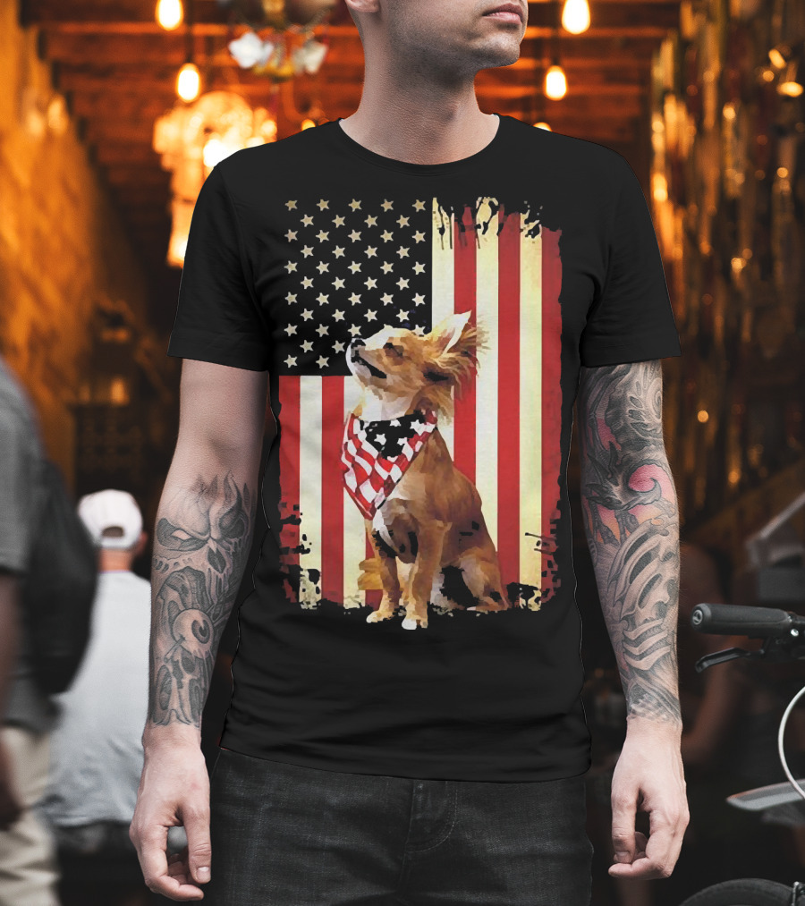 Patriotic Chihuahua With American Flag Background T-Shirt