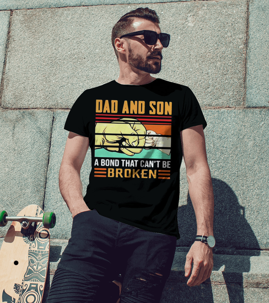 Dad And Son A Bond That Can't Be Broken Fist Bump Retro Stripes T-Shirt