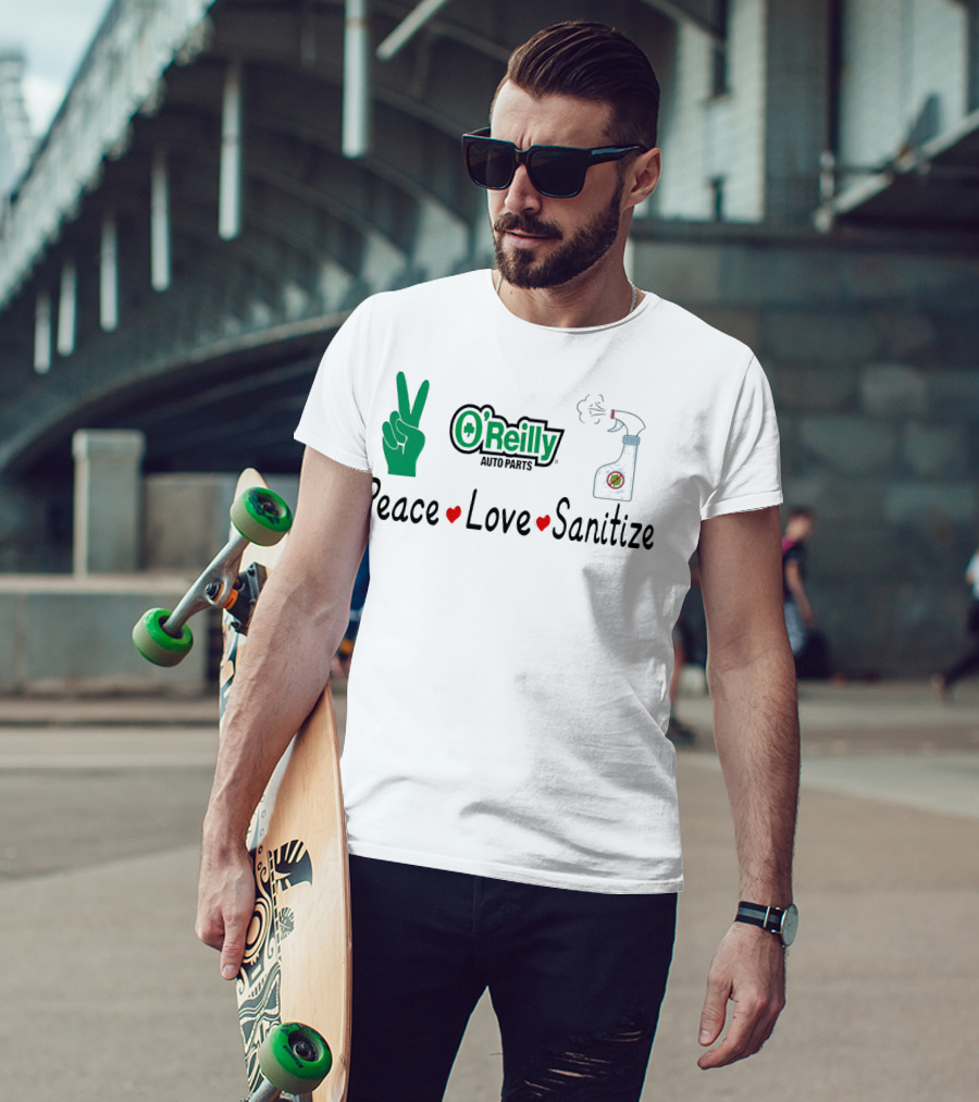 O'Reilly Auto Parts Peace Love Sanitize Peace Sign And Spray Bottle T-Shirt