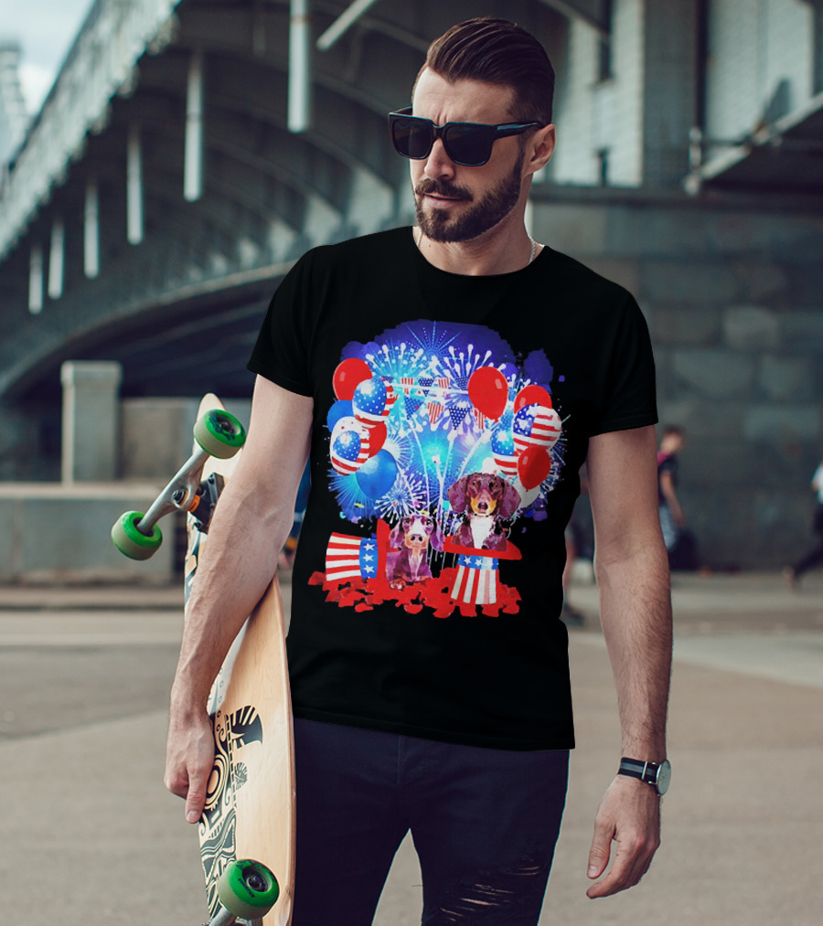 Dachshund American Flag Fireworks Balloons Independence Day T-Shirt