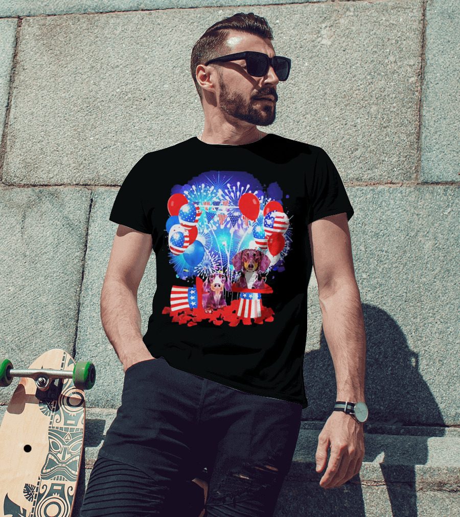 Dachshund American Flag Fireworks Balloons Independence Day T-Shirt