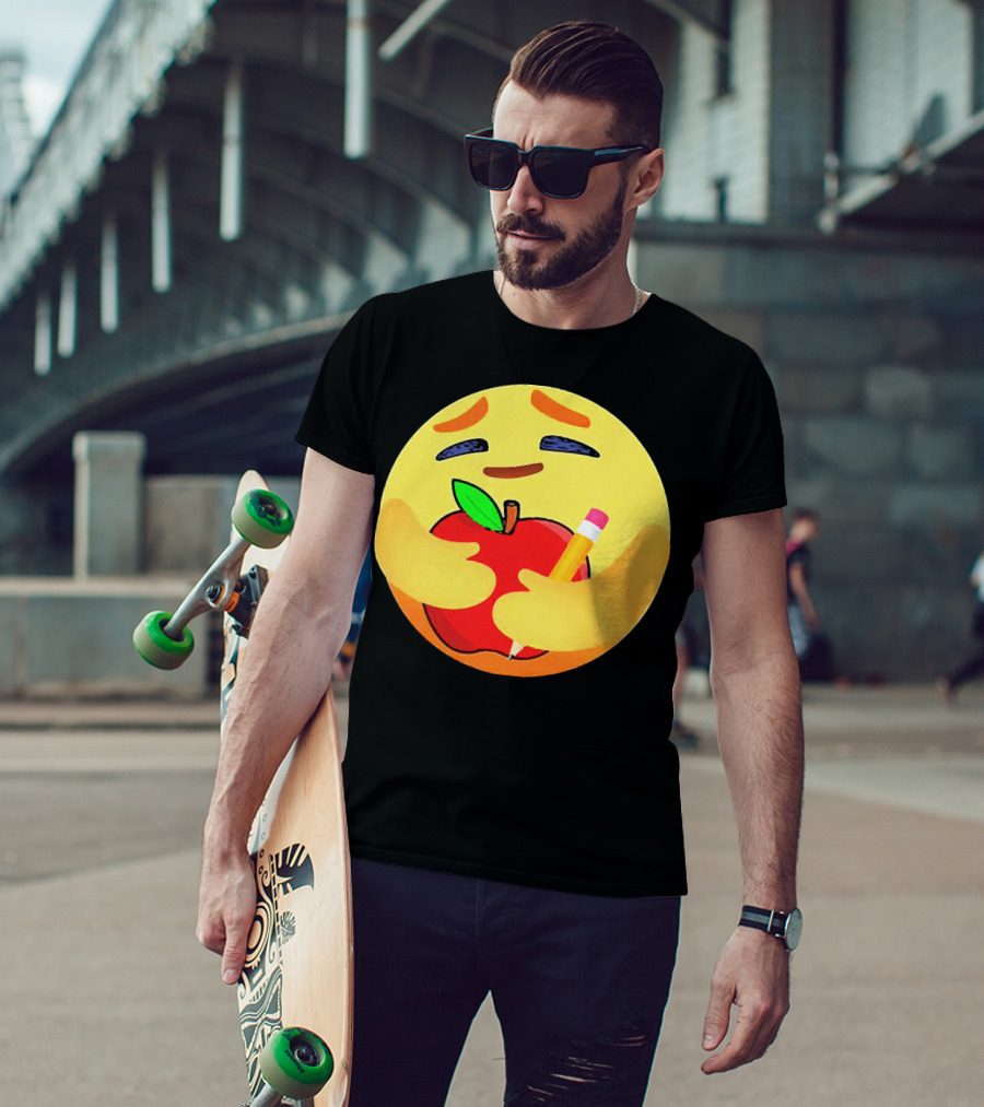 Teacher Care Emoji Hugging Apple And Pencil T-Shirt