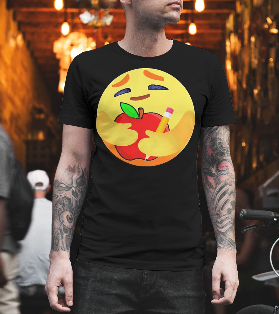 Teacher Care Emoji Hugging Apple and Pencil T-Shirt
