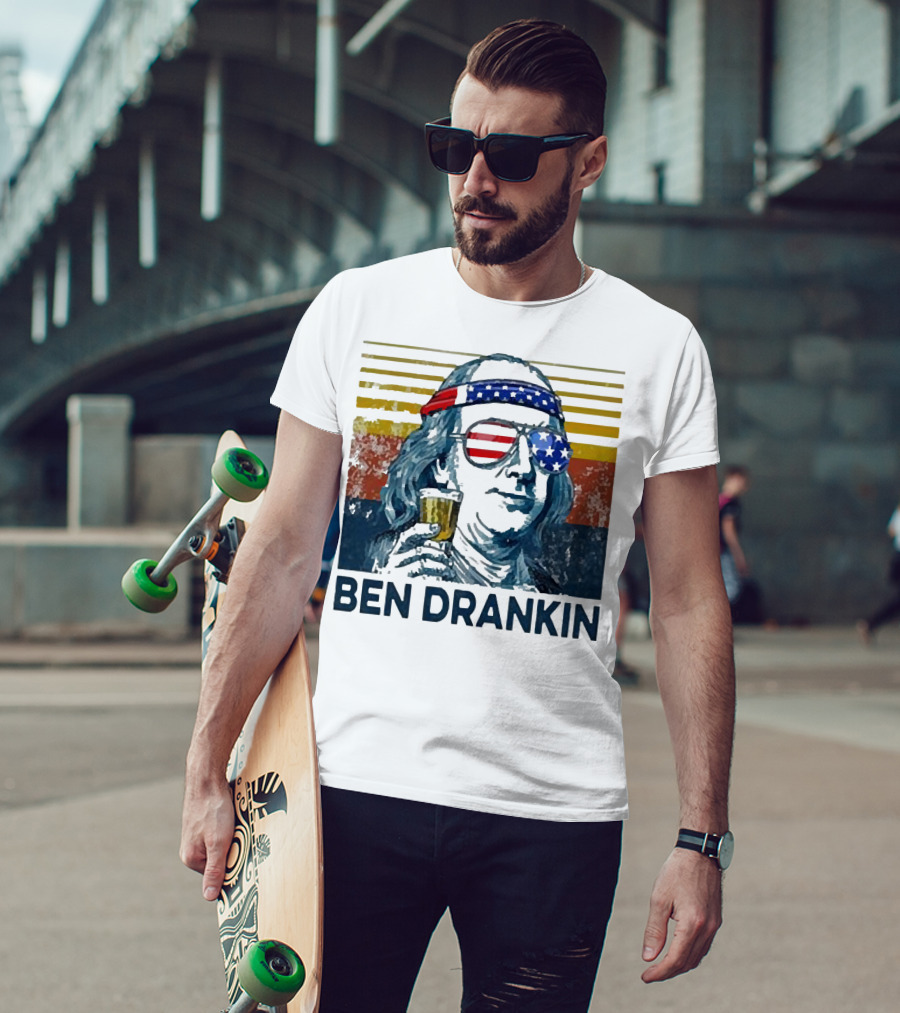 Ben Drankin Beer American Flag Sunglasses Patriotic Benjamin Franklin T-Shirt