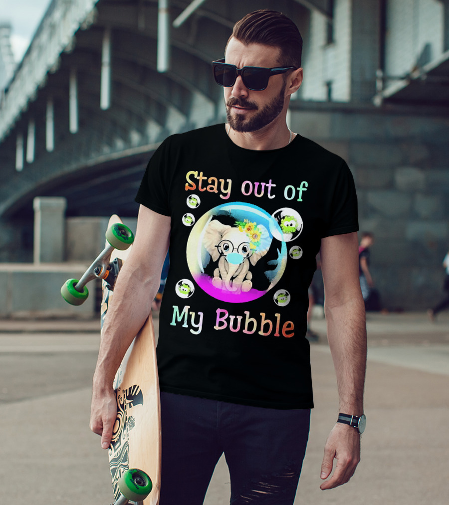Stay Out Of My Bubble Elephant Cartoon With Face Mask And Virus Icons T-Shirt