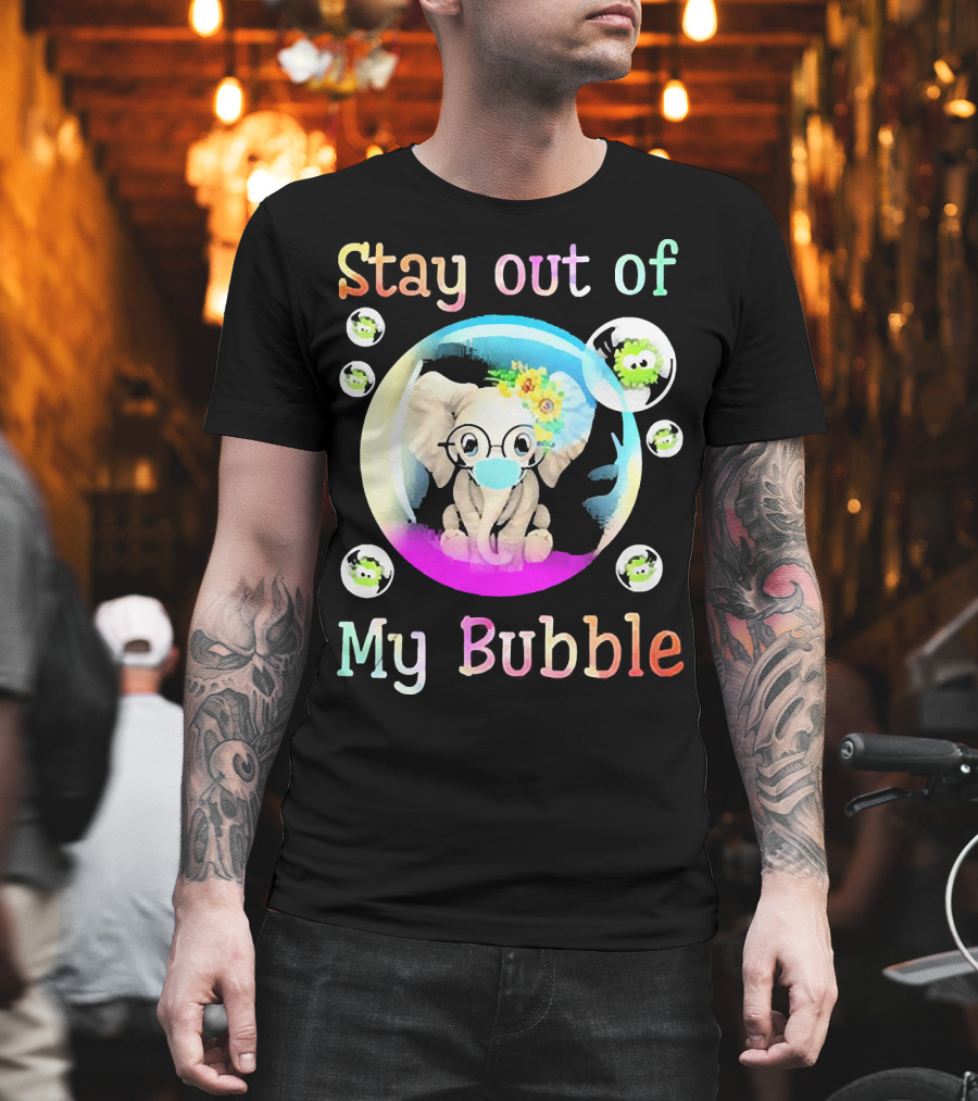 Stay Out of My Bubble Elephant Cartoon with Face Mask and Virus Icons T-Shirt