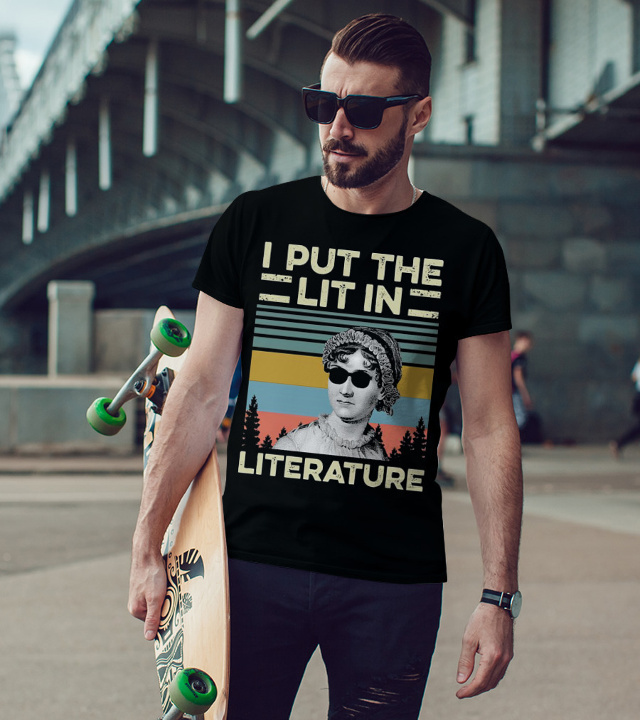 I Put The Lit In Literature Jane Austen Vintage Sunglasses Retro Forest Stripes T-Shirt