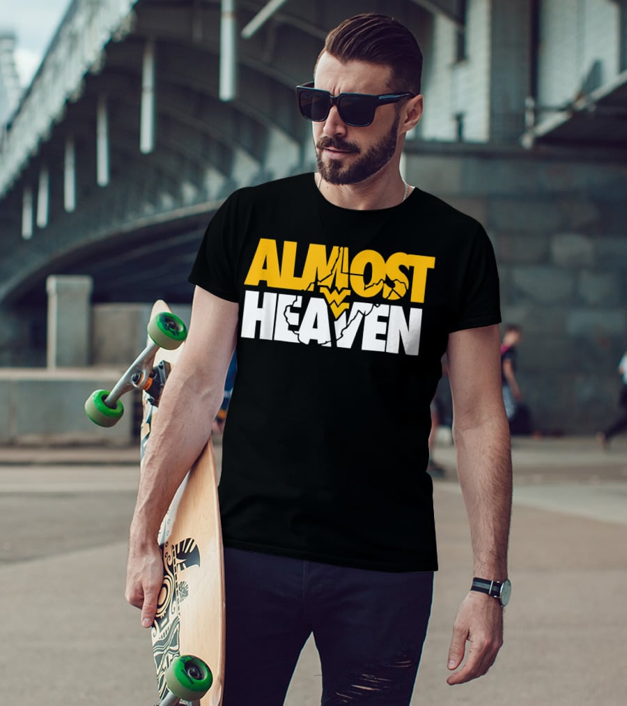 Almost Heaven West Virginia Bold Text With State Silhouette And Mountain Elements T-Shirt
