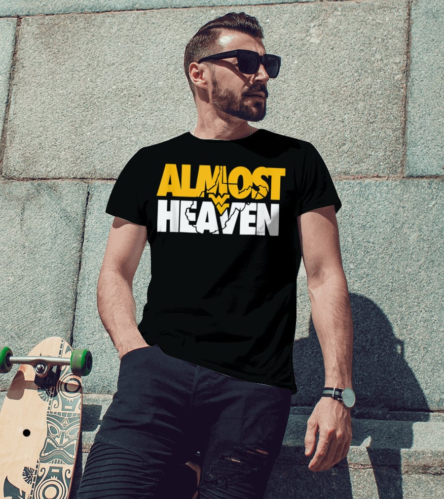 Almost Heaven West Virginia Bold Text With State Silhouette And Mountain Elements T-Shirt