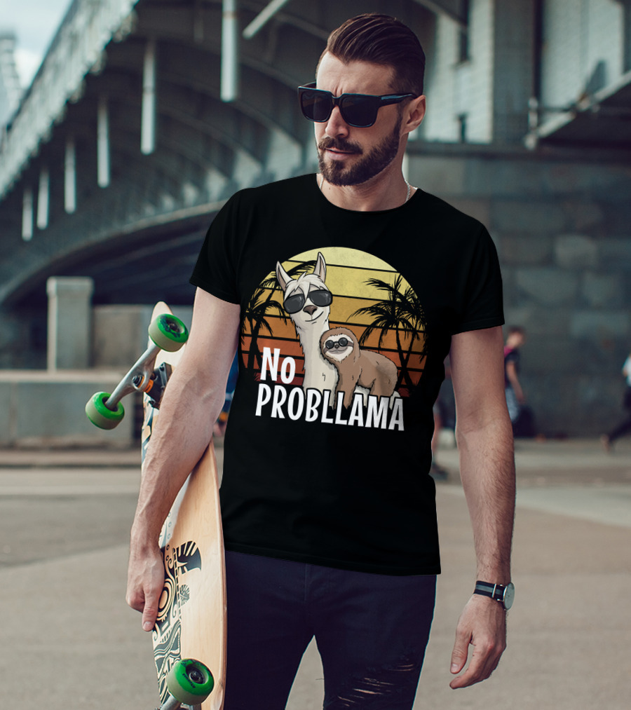 Retro Sunset Style Sloth Riding Llama With Sunglasses No ProbLlama T-Shirt
