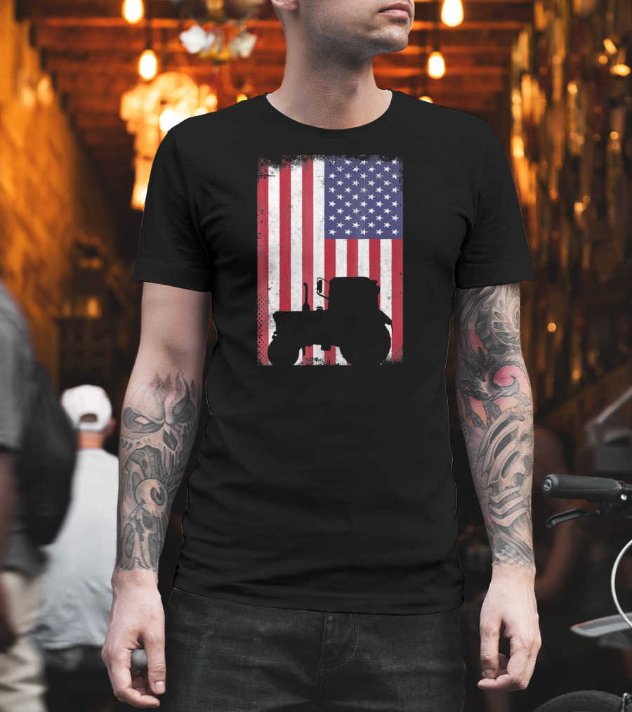 Patriotic American Flag with Vintage Tractor Farming T-Shirt