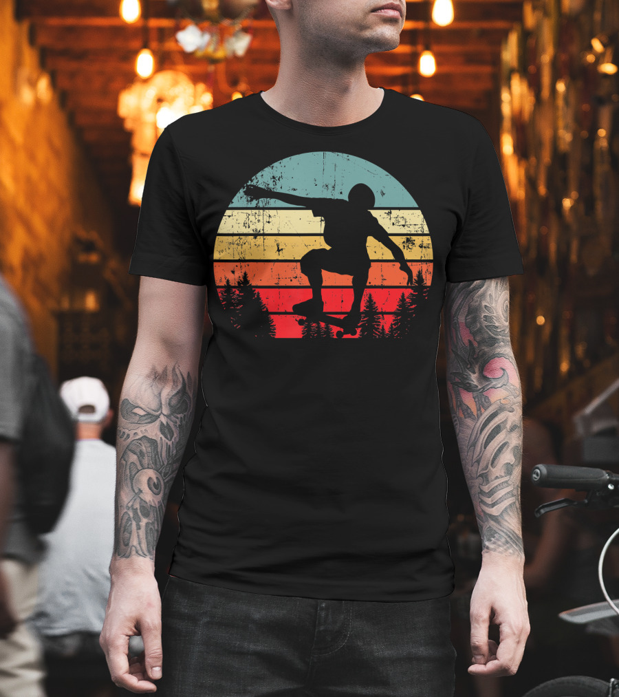 Trick Move Retro Vintage Skateboarder Silhouette Forest Sunset T-Shirt