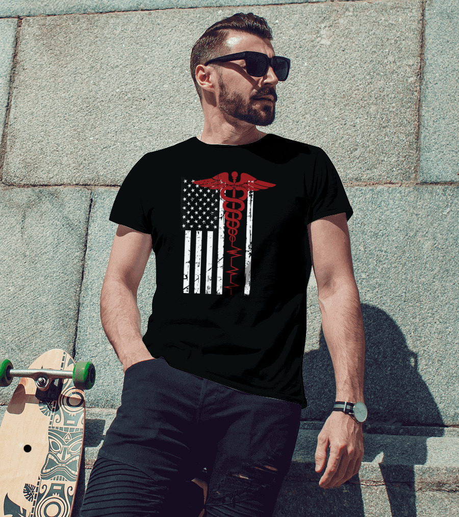 USA Flag Caduceus Medical Symbol Black Patriotic Nurse T-Shirt