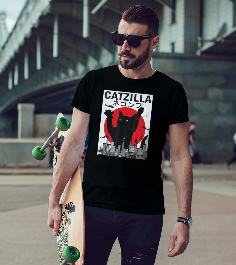 Catzilla Japanese Sunset Style Cat With Helicopter And Skyline Elements T-Shirt