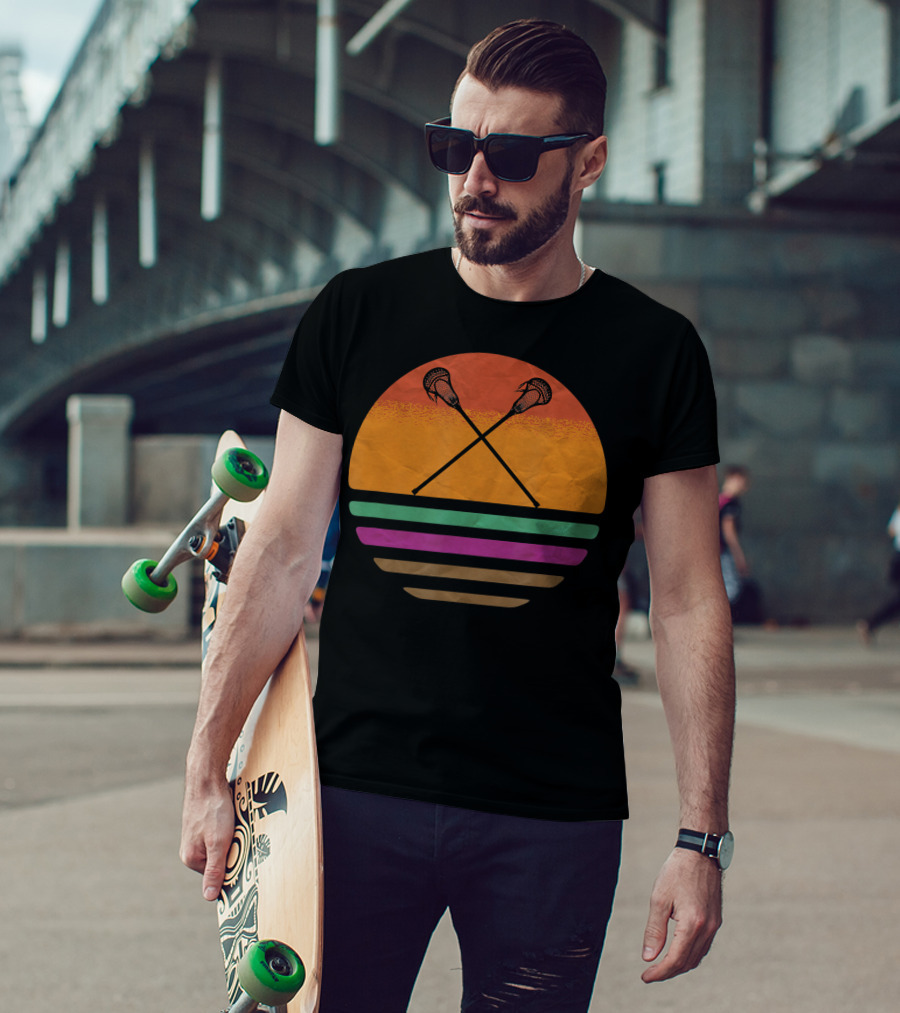 Vintage Retro Lacrosse Crossed Sticks Silhouette Sun T-Shirt