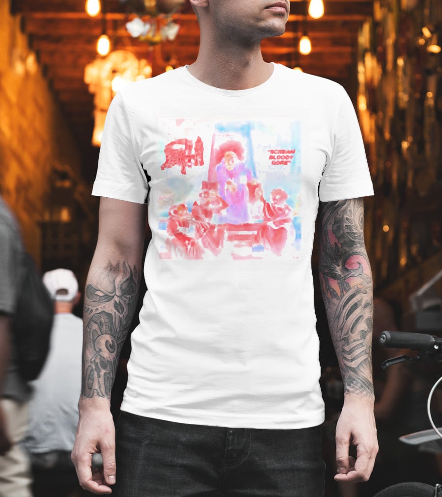 Death Scream Bloody Gore Album Art Scene Featuring Red Ruling Figure And Gathered Figures T-Shirt