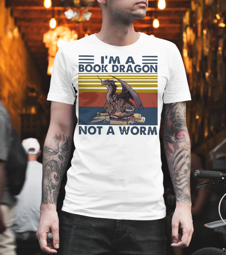 I'm A Book Dragon Not A Worm Fantasy Creature on Stack of Books T-Shirt