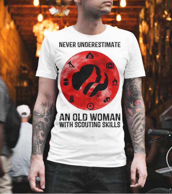 Never Underestimate an Old Woman With Scouting Skills Camping Compass Fire Tent Badge Icons T-Shirt Never Underestimate an Old Woman With Scouting Skills Camping Compass Fire Tent Badge Icons T-Shirt