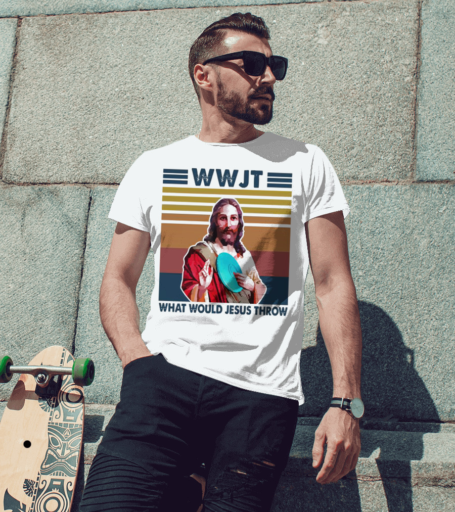 WWJT What Would Jesus Throw Disc Golf Frisbee Retro Stripes T-Shirt