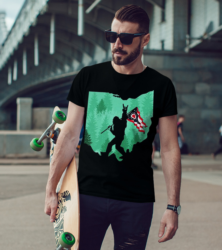 Bigfoot Rock And Roll Ohio State Silhouette With Flag Forest Background T-Shirt