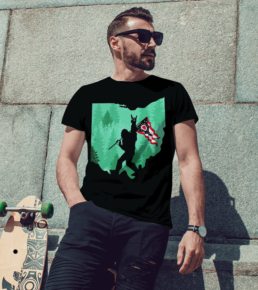 Bigfoot Rock And Roll Ohio State Silhouette With Flag Forest Background T-Shirt