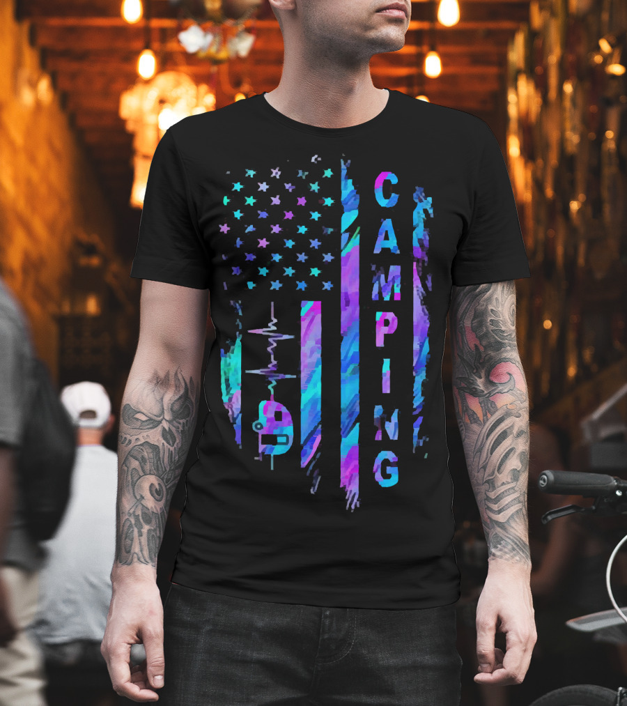 Camping American Flag Heartbeat Camper T-Shirt