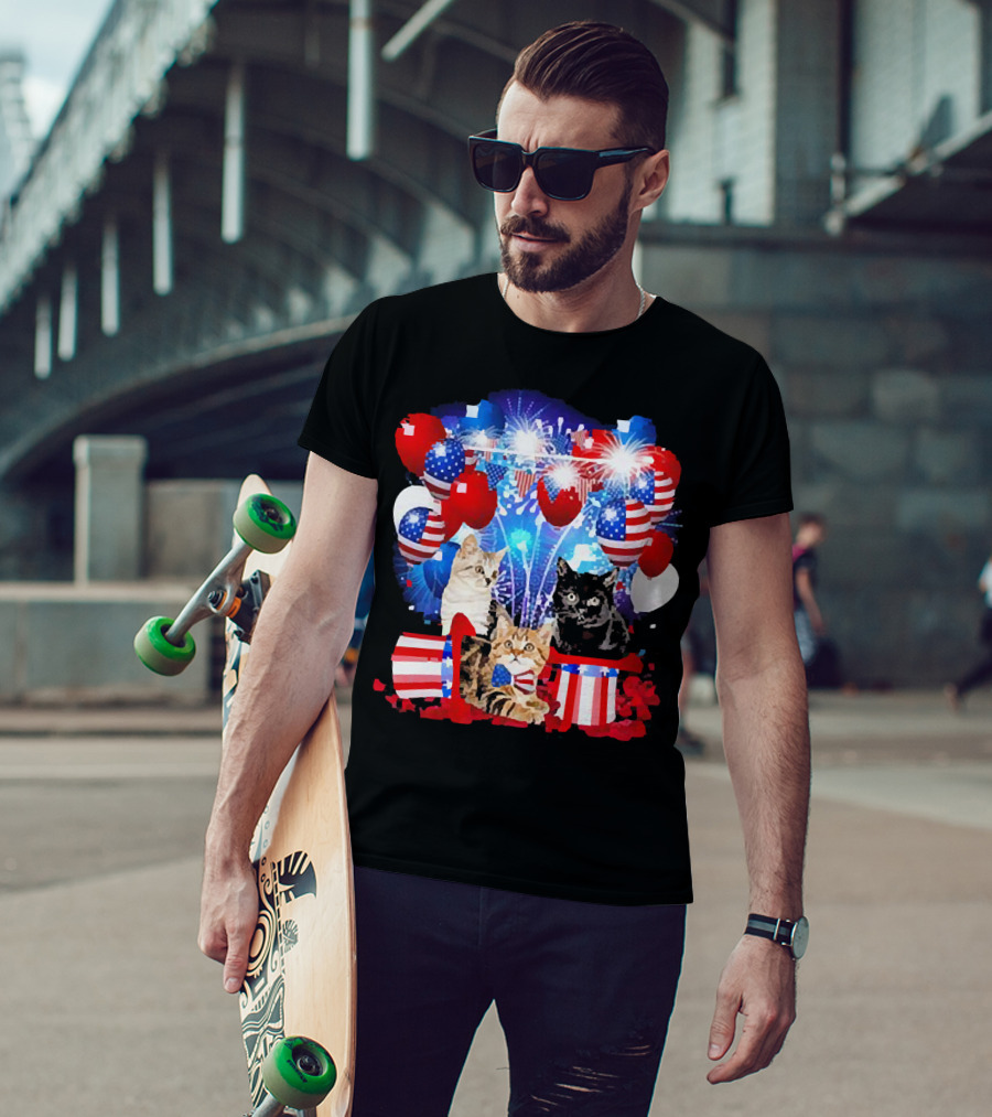 Cats Fireworks Balloons America Flag Happy Independence Day T-Shirt