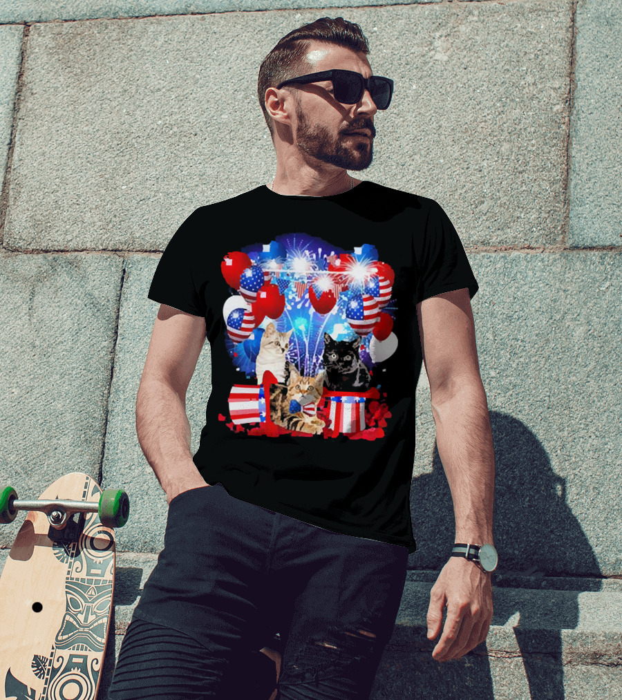 Cats Fireworks Balloons America Flag Happy Independence Day T-Shirt