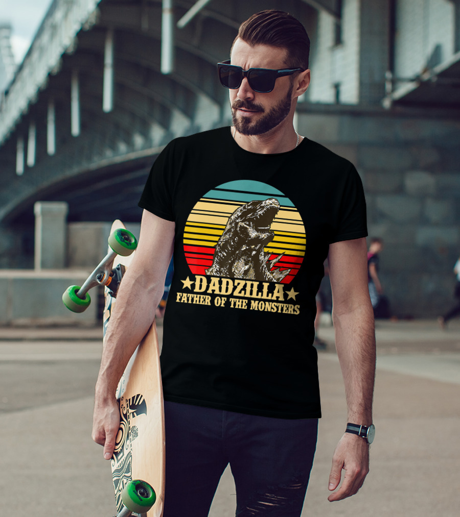 Dadzilla Father Of The Monsters Dinosaur Retro Sunset Stripe T-Shirt