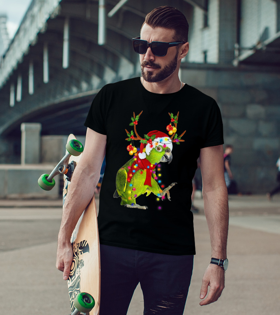 Cockatoo Parrot Reindeer Antlers Christmas Lights Santa Hat T-Shirt