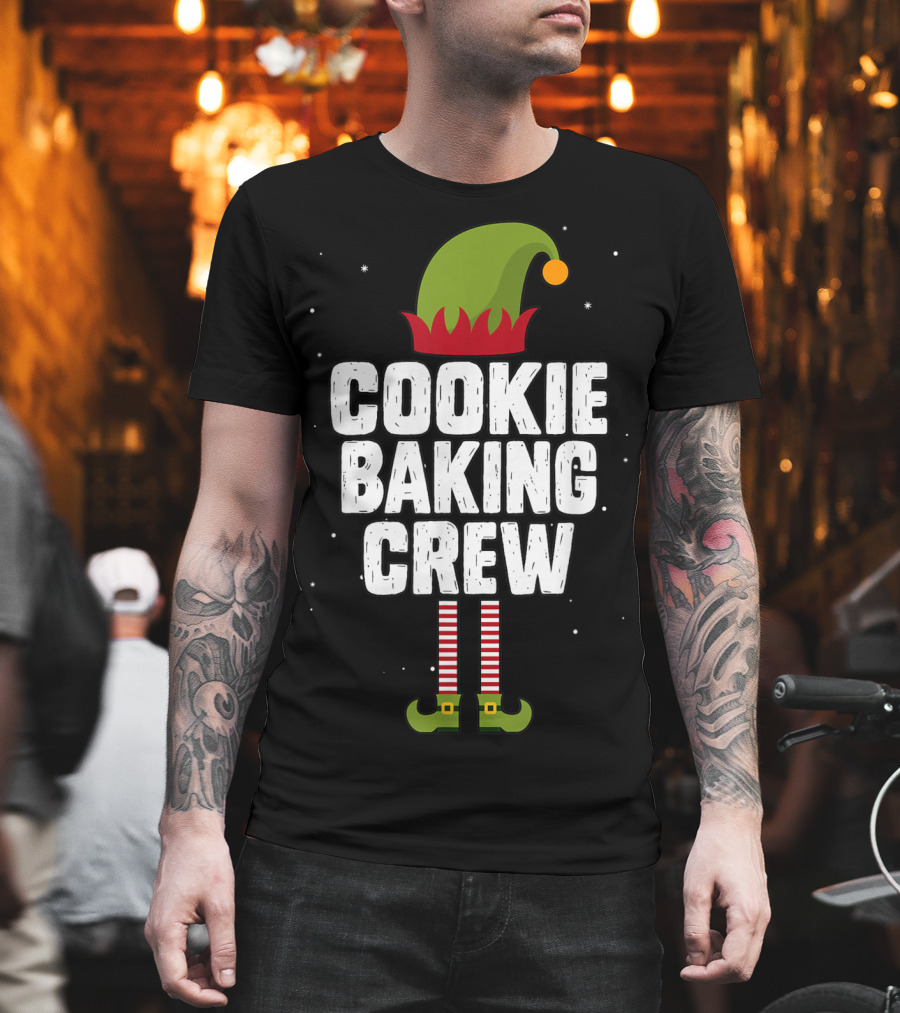 Cookie Baking Crew Christmas Elf Hat And Striped Stockings T-Shirt
