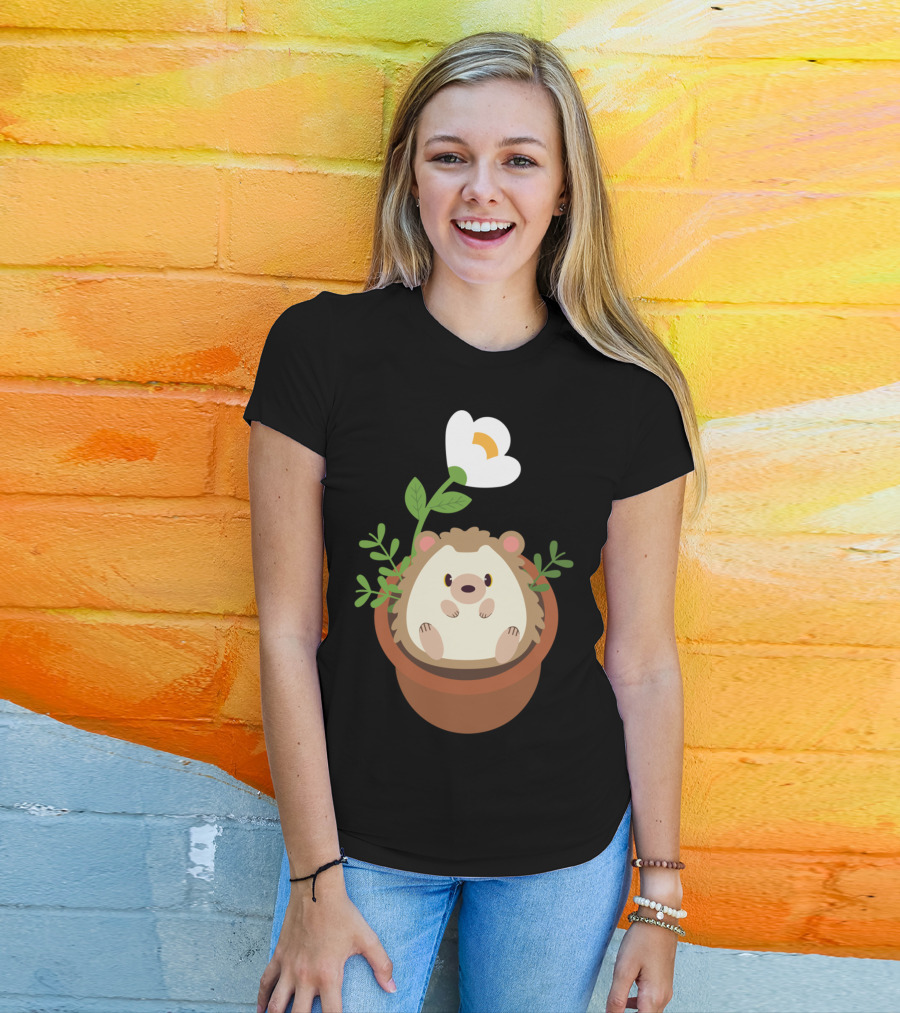 Cute Hedgehog Sitting In Flowering Plant Pot T-Shirt