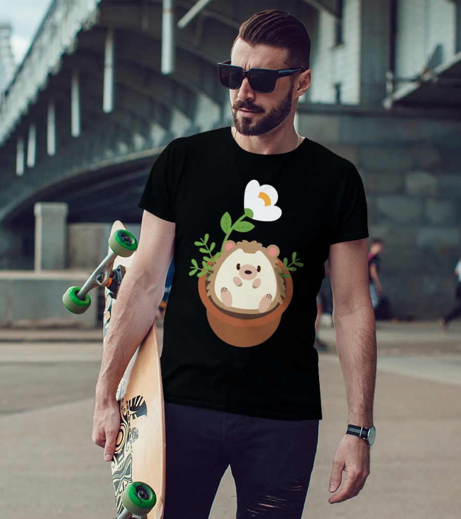 Cute Hedgehog Sitting In Flowering Plant Pot T-Shirt