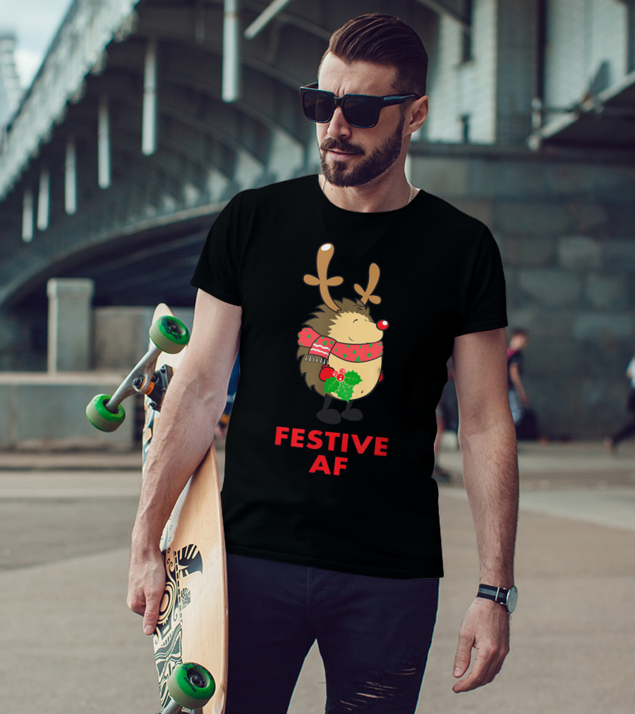 Festive AF Christmas Hedgehog With Scarf And Antlers T-Shirt