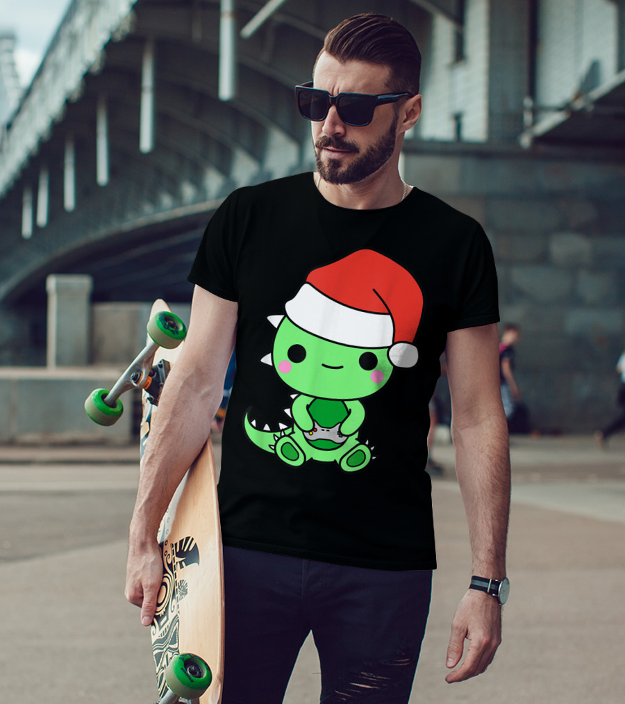 Christmas Gaming Dinosaur Santa Gamer Nerd T-Shirt