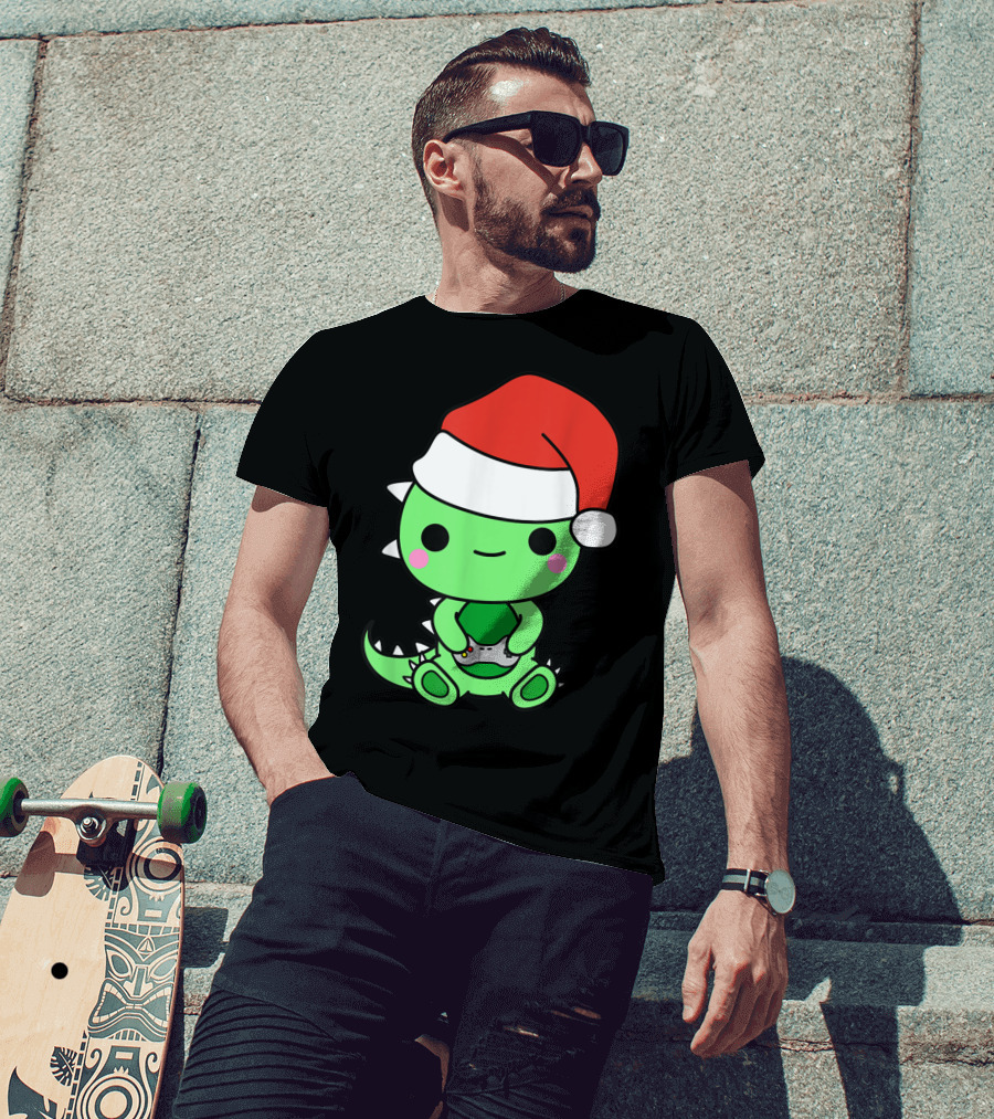 Christmas Gaming Dinosaur Santa Gamer Nerd T-Shirt