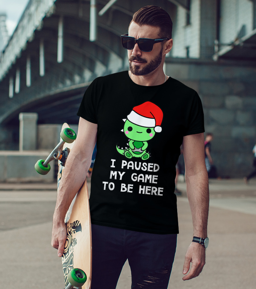 I Paused My Game To Be Here Christmas Dinosaur Gamer Santa Hat T-Shirt