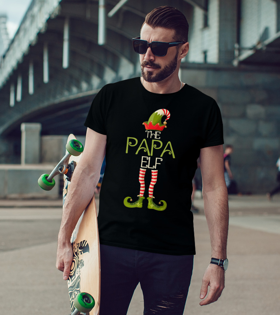 The Papa Elf Christmas Hat And Shoes With Red And White Striped Legs T-Shirt