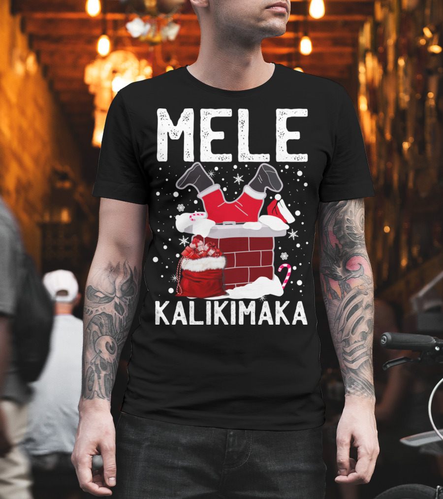 Mele Kalikimaka Santa In Chimney With Gifts Candy Cane Snowflakes Hawaiian Christmas T-Shirt