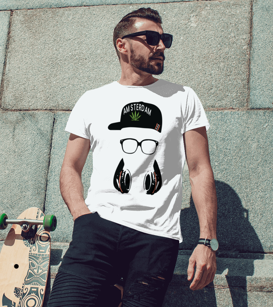 Amsterdam Holland Marijuana Souvenir Hat Glasses Headphones T-Shirt