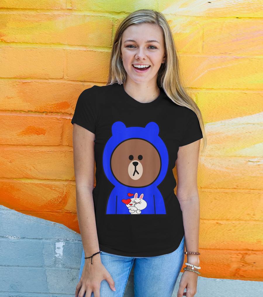 Brown Bear In Blue Hoodie With Cony Bunny Love Hearts T-Shirt