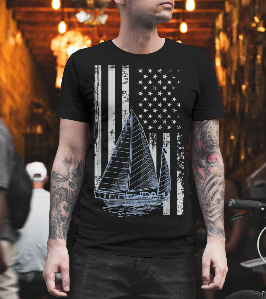 Fun Vintage Sailboat with American Flag Elements T-Shirt