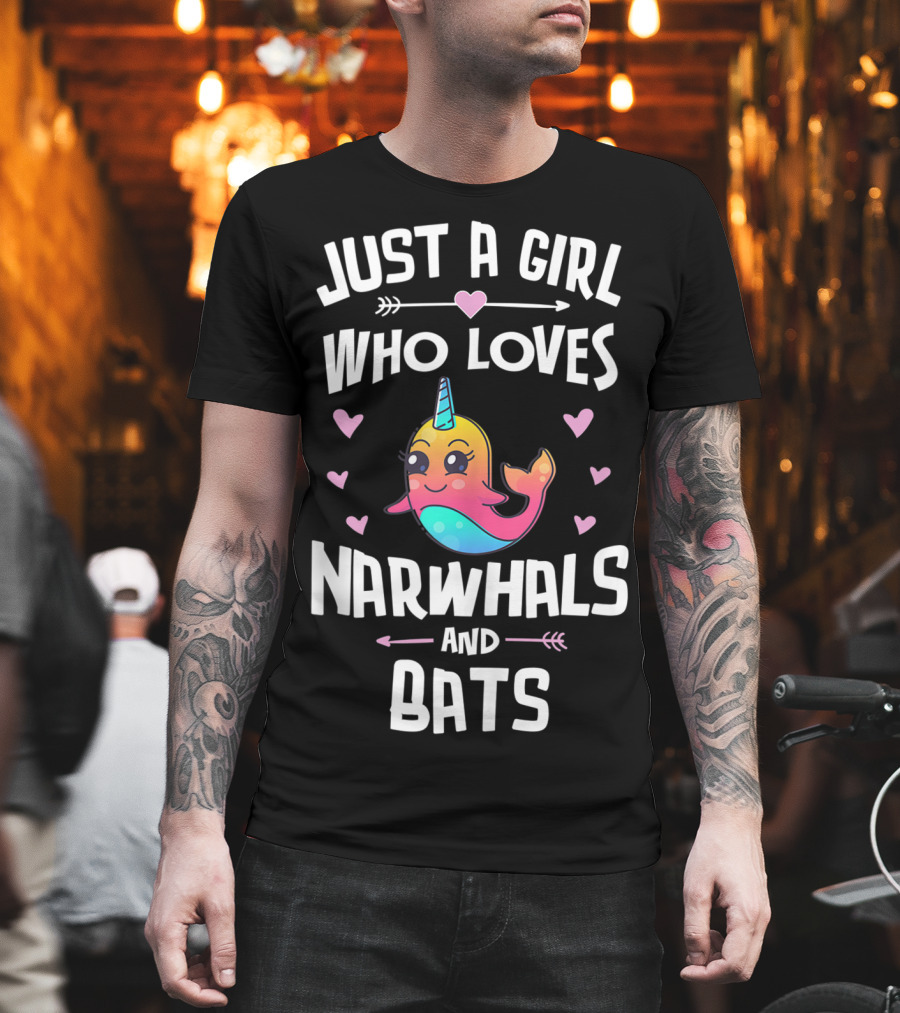 Just A Girl Who Loves Narwhals And Bats Cute Rainbow T-Shirt