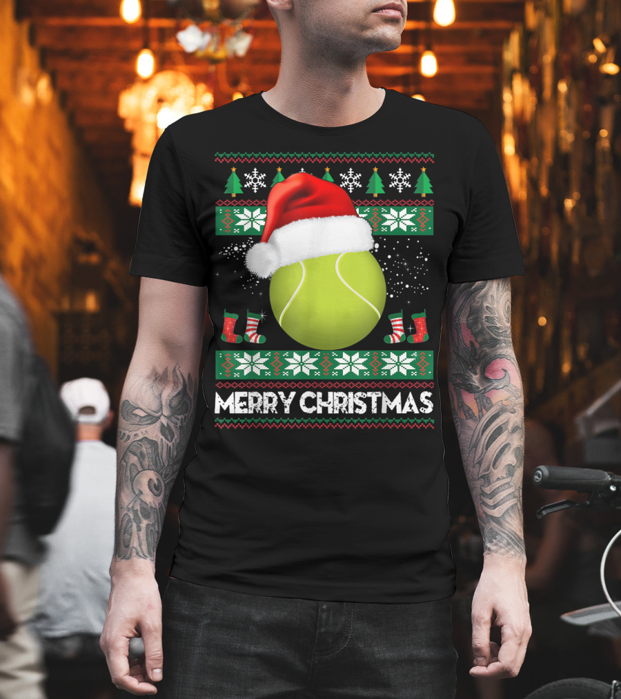 Merry Christmas Santa Hat Tennis Baum Pullover Snowflakes T-Shirt