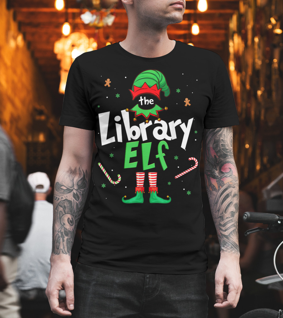 The Library Elf Christmas Xmas Family Outfit Candy Cane Gingerbread T-Shirt