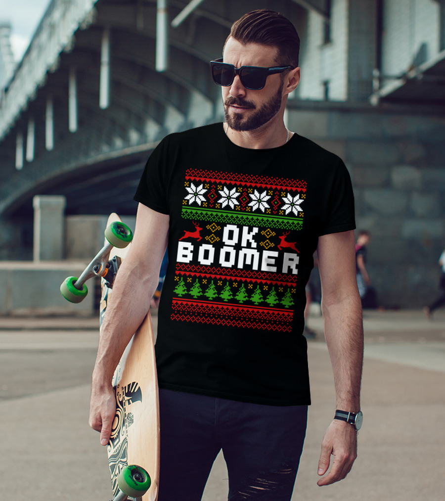 OK Boomer Funny Baby Boomer Christmas Ugly Sweater Reindeer Trees Snowflakes T-Shirt