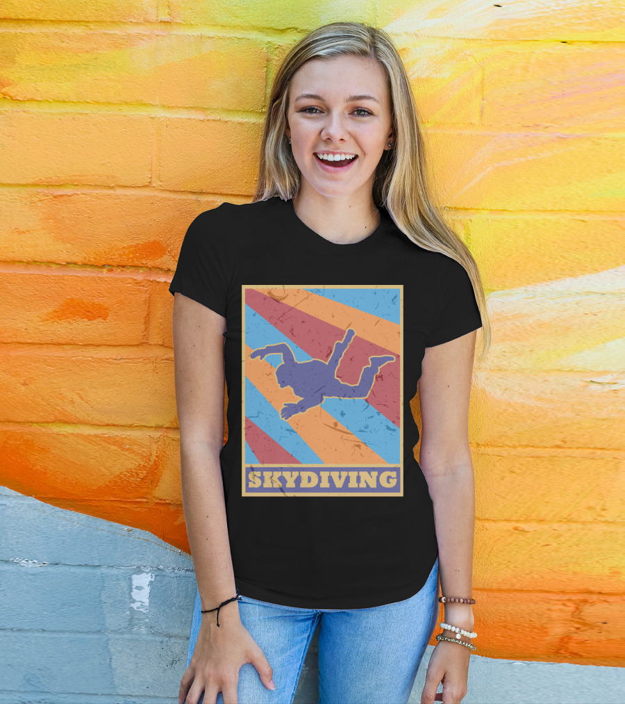 Vintage Skydiving Silhouette With Colorful Retro Stripes T-Shirt