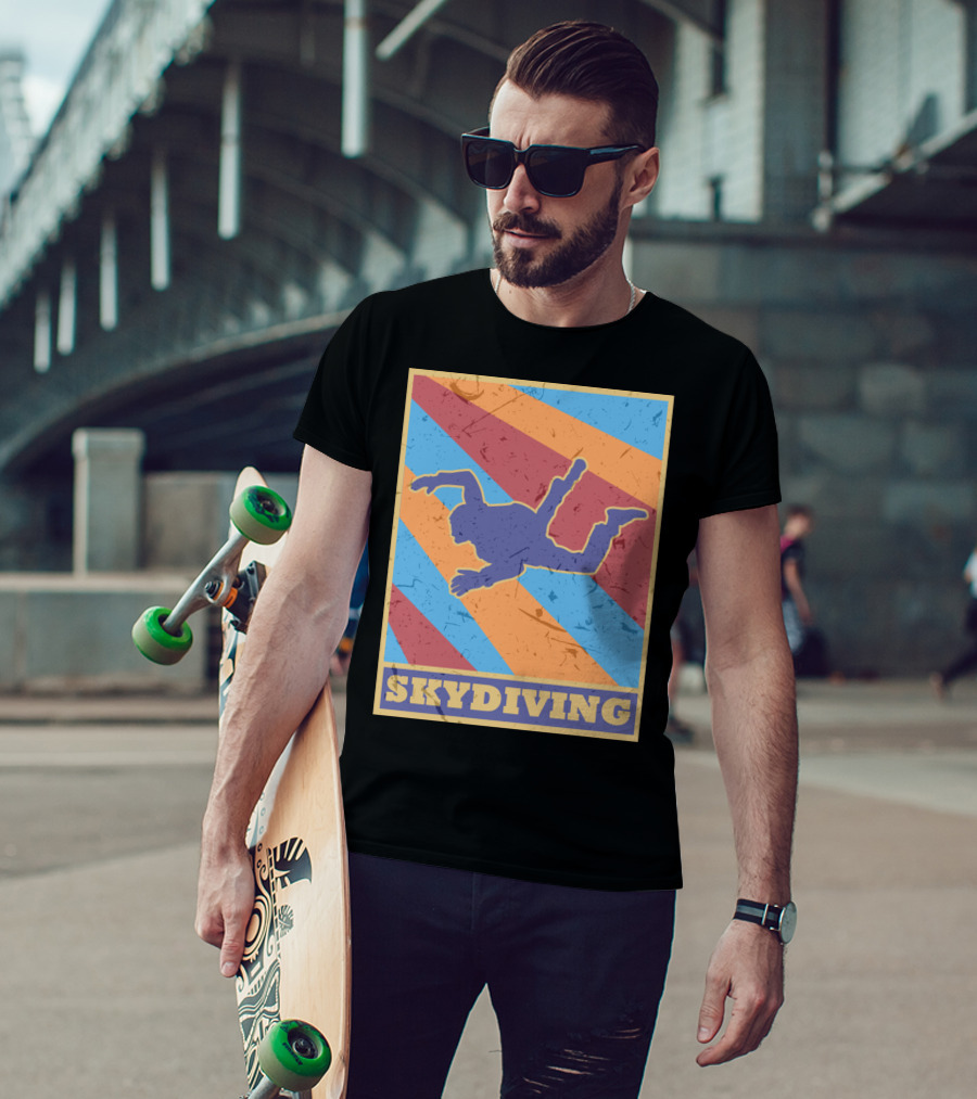 Vintage Skydiving Silhouette With Colorful Retro Stripes T-Shirt