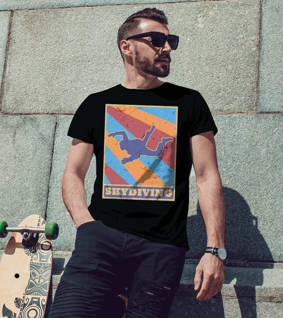 Vintage Skydiving Silhouette With Colorful Retro Stripes T-Shirt