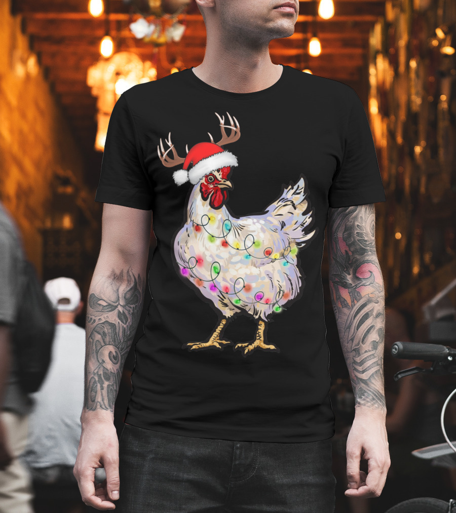 Santa Chicken Reindeer With Christmas Lights And Antlers T-Shirt